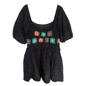 ASOS Design Crochet Puff Sleeve Broderie Mini Dress Womens Size 12 Boho Hippie